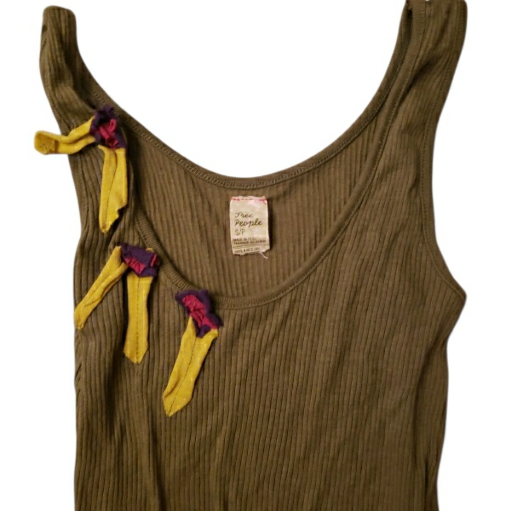 Free People Khaki Ribbed Tank with Ribbon Details